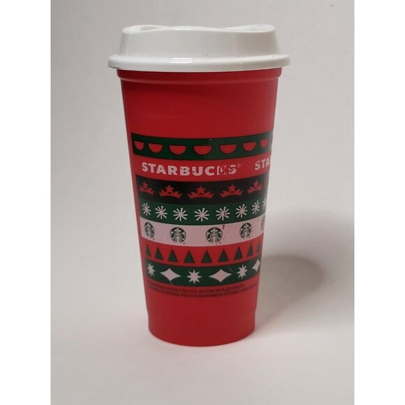 Starbucks Christmas Reusable Tall Cup With Lid Red Green White Mug Plastic - Picture 10 of 12